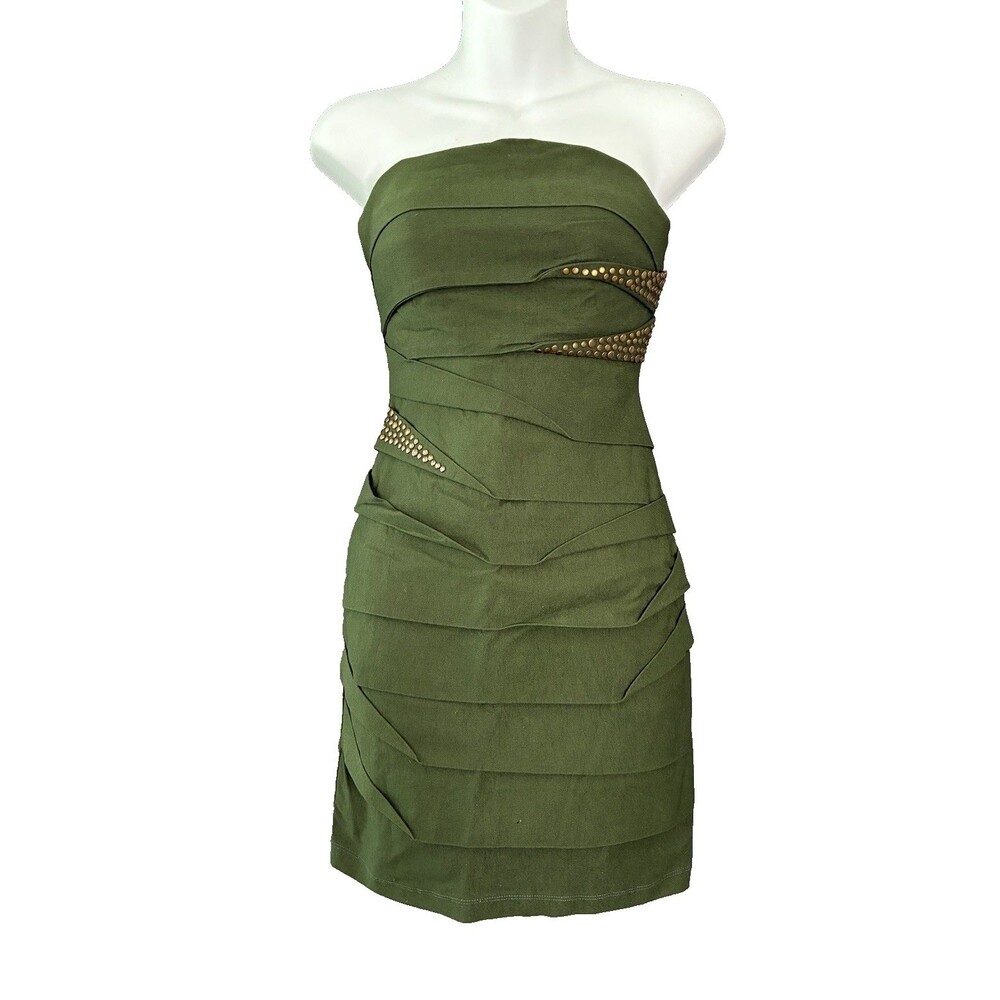 90s Y2K Jodi Kristopher Strapless Mini Bandage Dress Jrs 3 Olive Green Gold Stud